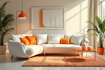 Modern Living Room with Cream Sofa, Orange Accents, and Lush Indoor Plants, Bathed in Sunlight                                                        