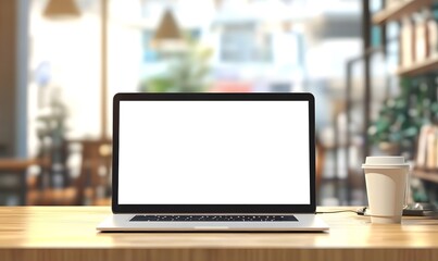 Laptop with blank screen on wood table with cafe coffee shop blur background
