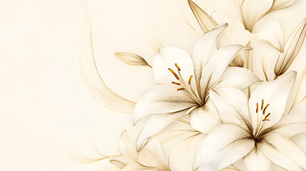 Gold-foiled line art floral corners with blooming lilies, soft ivory background