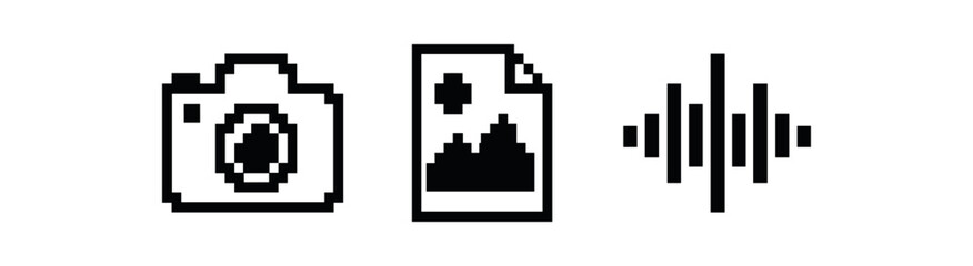 Vintage pixel art icons: camera, image, and sound symbols in black and white vector icon isolated
