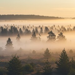 Misty Sunrise Over a Pine Forest
