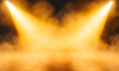 Stage with directional yellow light and light smoke on transparent background, neon light, empty stage and studio room with floating yellow smoke. For product demonstrations. isolated on white backgro