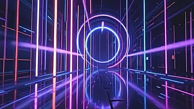 futuristic vertical light beams, energetic swirl of purples and blues, harmonic reflections on an inky black backdrop, striking visual contrasts