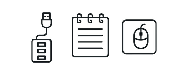 Usb hub, notepad, and computer mouse icons in simple line style vector icon isolated