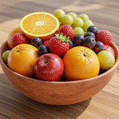 Sunlit Bowl of Fresh Fruit on Wooden Table