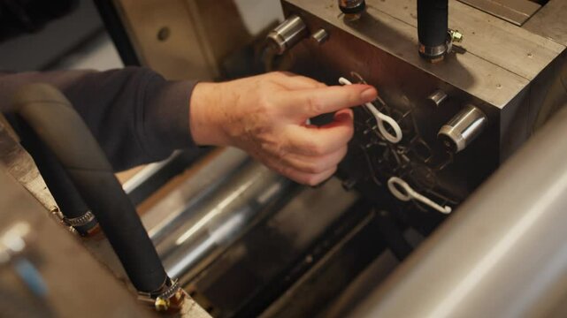 Molds in injection press makes plastic details, molding machine in fabrication facility