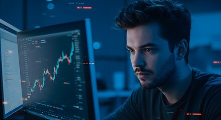 Focused man analyzes financial data on screens