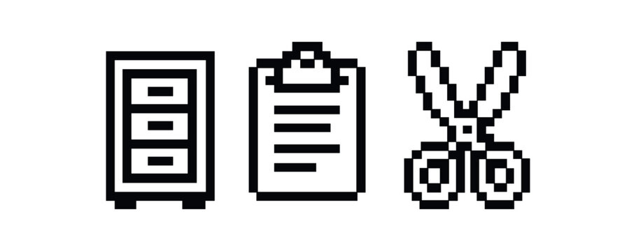Pixel art icons: drawer, clipboard, scissors in black and white vector icon isolated