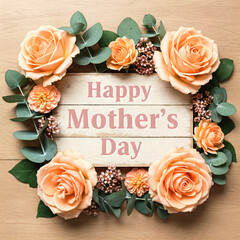 Happy Mother's Day Wooden Sign with Colorful Flowers, Pink Roses, and Mums – Nature Background Floral Design