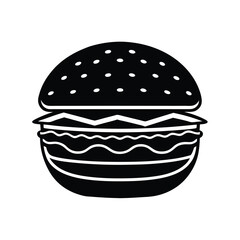 Delicious Black and White Burger Icon Sesame Bun, Patty, Cheese