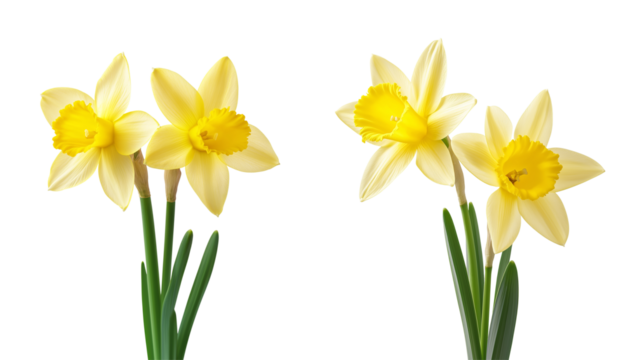 Twin Yellow Daffodil Blooms with Green Stems isolated on Transparent Background – Spring Floral Concept
