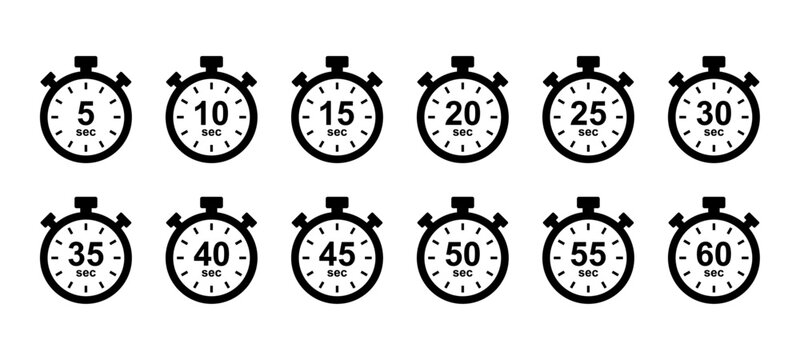 Stopwatch icon. 5, 10, 15, 20, 25, 30, 35, 40, 45, 50, 55, 60 second timer