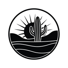 Desert Sunset Cactus Landscape Circular Black and White Icon