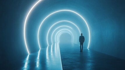 Abstract digital illustration of a person in a glowing tunnel.