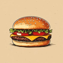 Delicious cheeseburger with fresh lettuce and tomato on a sesame seed bun presented against a plain background