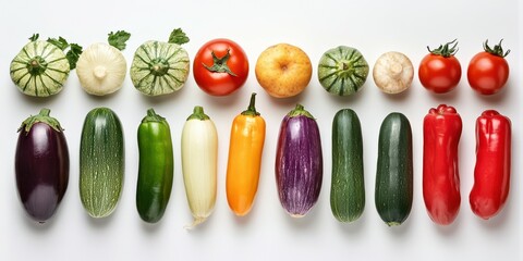 Colorful array of fresh vegetables displayed on a clean white surface showcasing natural textures and shapes