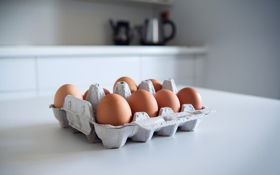 An Egg carton with ten brown eggs on the kitchen table