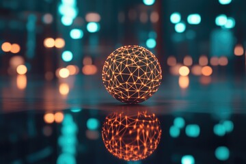 Sphere with network, city lights