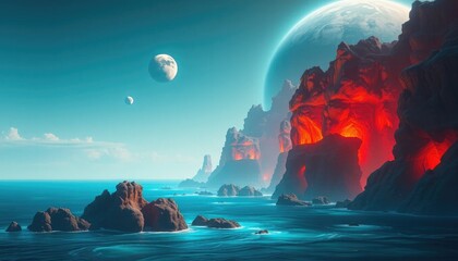 Exoplanet seascape with volcanic cliffs and twin moons