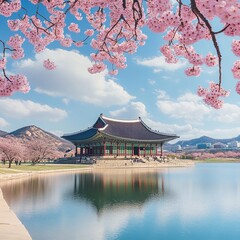 Fototapeta premium The Gyeongbokgung Palace pavilion in Seoul, South Korea, is beautifully reflected on a lake amidst vibrant cherry blossoms