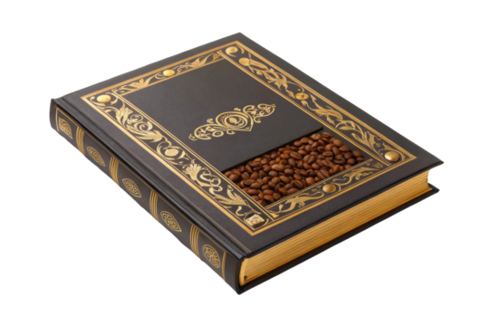 PNG Decorative book-shaped box with coffee beans and ornate gold design