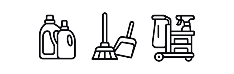 Obraz premium Cleaning supplies icons: bottles, mop, broom, and cart outline collection vector icon isolated