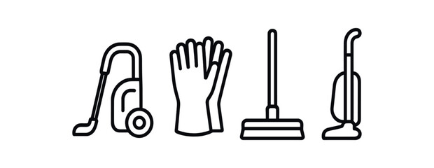 Obraz premium Outline icons of cleaning equipment: vacuum, gloves, broom, upright cleaner vector icon isolated