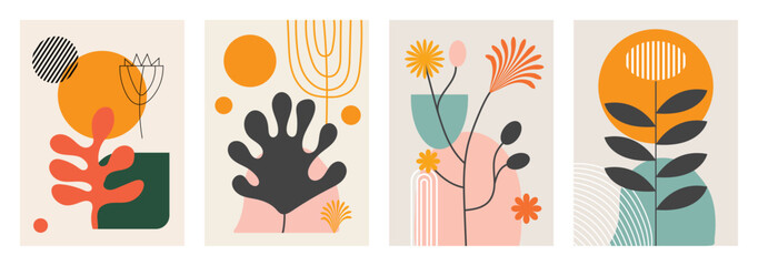 Set of abstract spring and summer cards with colorful designs for seasonal greetings and creative projects © Jharna.oo