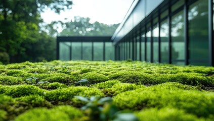 Moss-covered rooftop adjacent to modern building. Lush green moss carpet covers the roof.  Modern architecture and nature blend