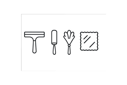 Outline icons of cleaning tools: squeegee, lint roller, duster, cloth vector icon isolated
