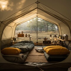 Cozy Camping Tent Interior with Sunrise View