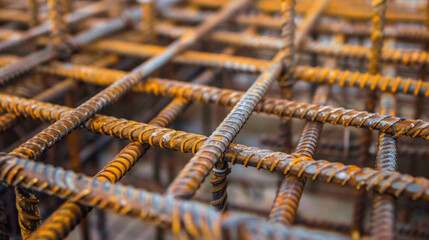 Construction site with closeup of rusty rebar framework showing metal grid structure