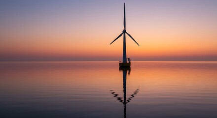 Obraz premium Wind turbine standing in water reflecting against a sunset sky in the background