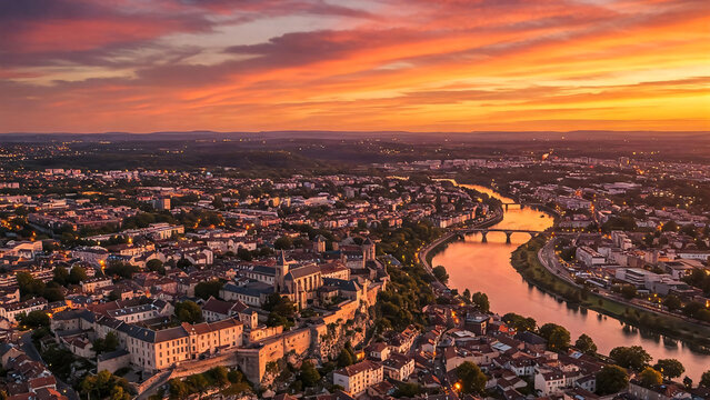 Evocation de Besan&ccedil;on en France, vue panoramique au coucher du soleil