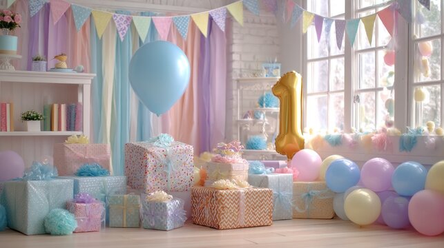 Pastel-toned birthday party decor - Powered by Adobe
