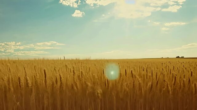 golden wheat field under a sunny blue sky with scattered clouds landscape background