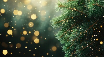 Festive Christmas tree branches with golden lights