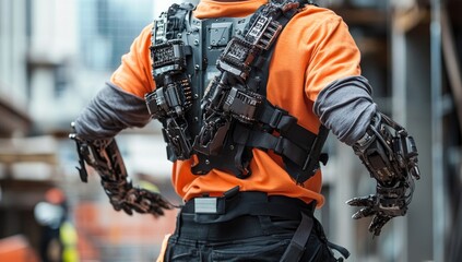 Augmented worker in action.  A construction worker with advanced robotic arm and torso attachments