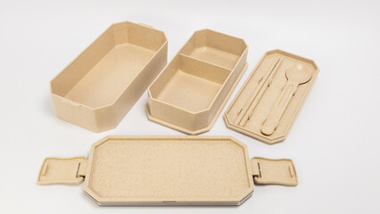 Beige Bento Box Set with Chopsticks and Spoon, Isolated on White