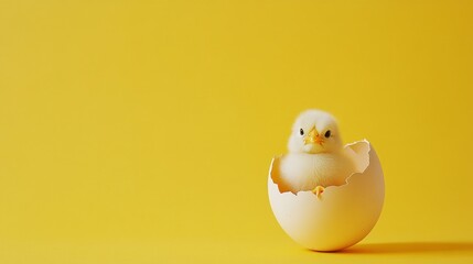 Tiny easter chick hatching from a cracked egg studio setting photography bright yellow background close-up view spring concept