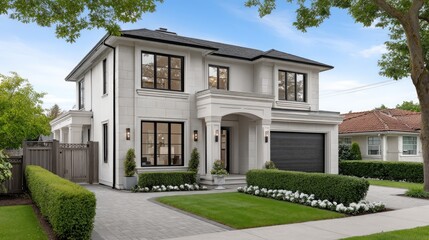 Fototapeta premium Beautiful two-story modern house with stone and steel features in a suburban Vancouver neighborhood under a clear blue sky