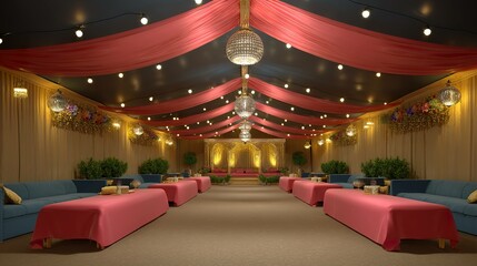 Indoor event venue with red draping and lighting creating an elegant space