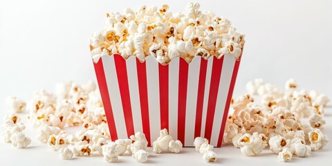 Freshly popped popcorn overflowing from a classic red and white striped container on a plain background