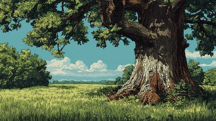 Large oak tree in a green field under a blue sky