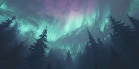 Obraz premium Enchanting Aurora Borealis Display over a Misty Pine Forest at Night A breathtaking view of the Northern Lights illuminating a mysterious evergreen woodland under a starlit sky