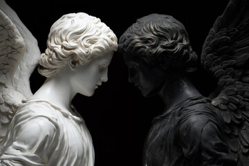 Two figures of angels opposite each other, white and black. Confrontation between good and evil