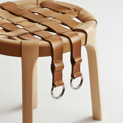 Obraz premium Close-up of wooden stool with woven leather straps, placed in a white studio background
