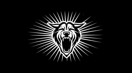 Monochrome illustration of a wolf head with open mouth and radiating light