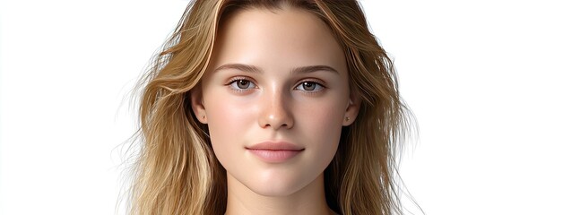 A small blonde woman with fair skin and hazel eyes shows innocence and curiosity, highlighting her striking features in a neutral setting.