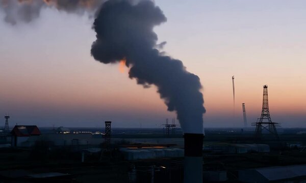 Environmental Hazard: A looming silhouette of industrial structures belching noxious fumes into the dusky sky.
